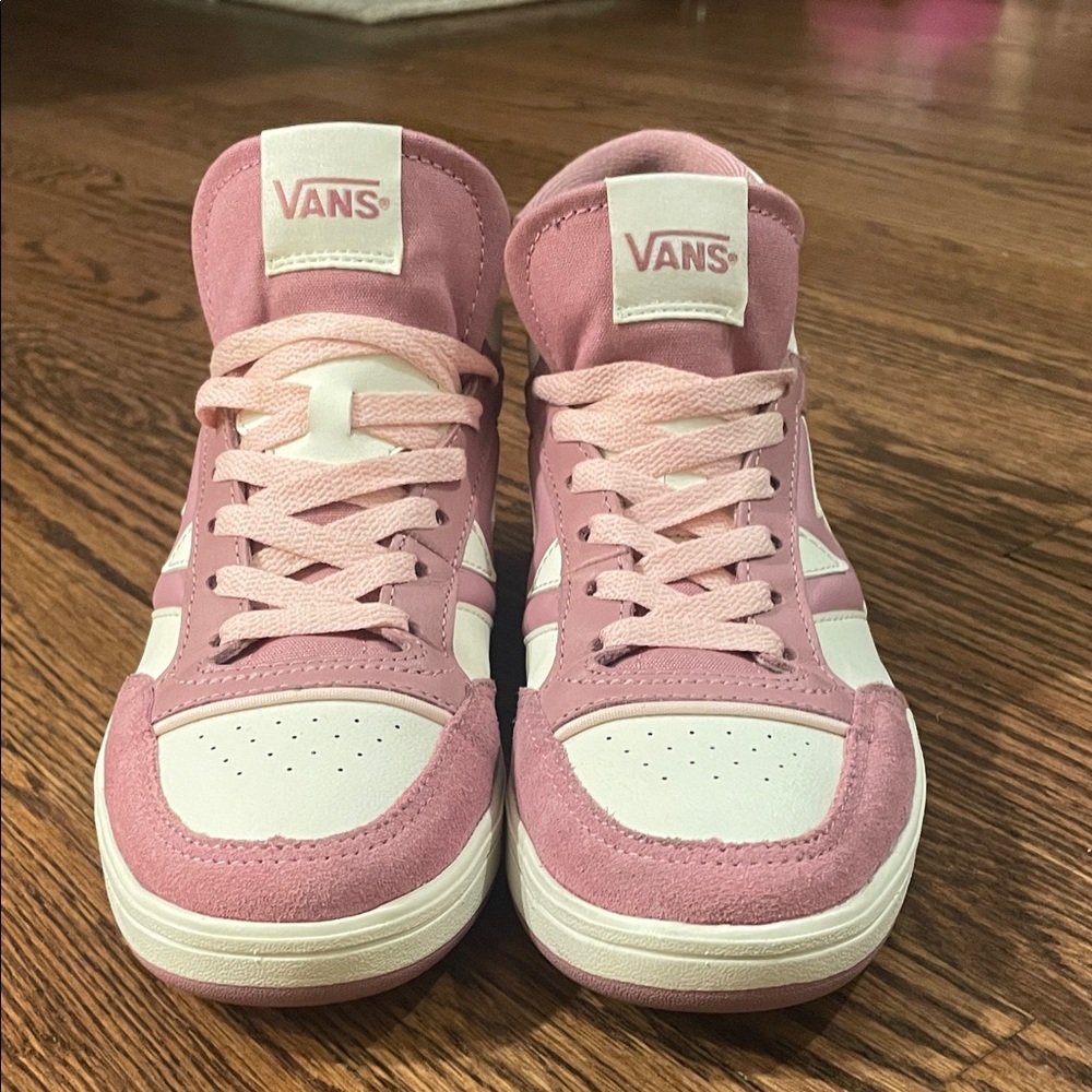 Vans Pink and White Lowland High Tops - size W7, M5.5